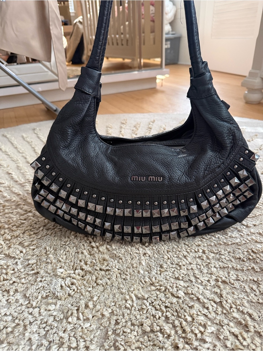 Miu Miu Black Leather Studded Hobo Bag - Picture 4 of 11